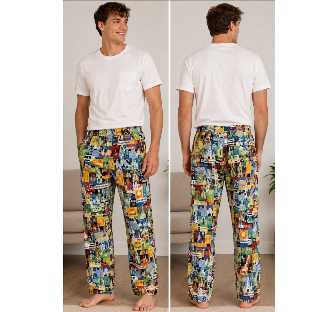 Disney Parks WDW Icons Small World Print Lounge Pants L‎ Colorful Cotton Retired